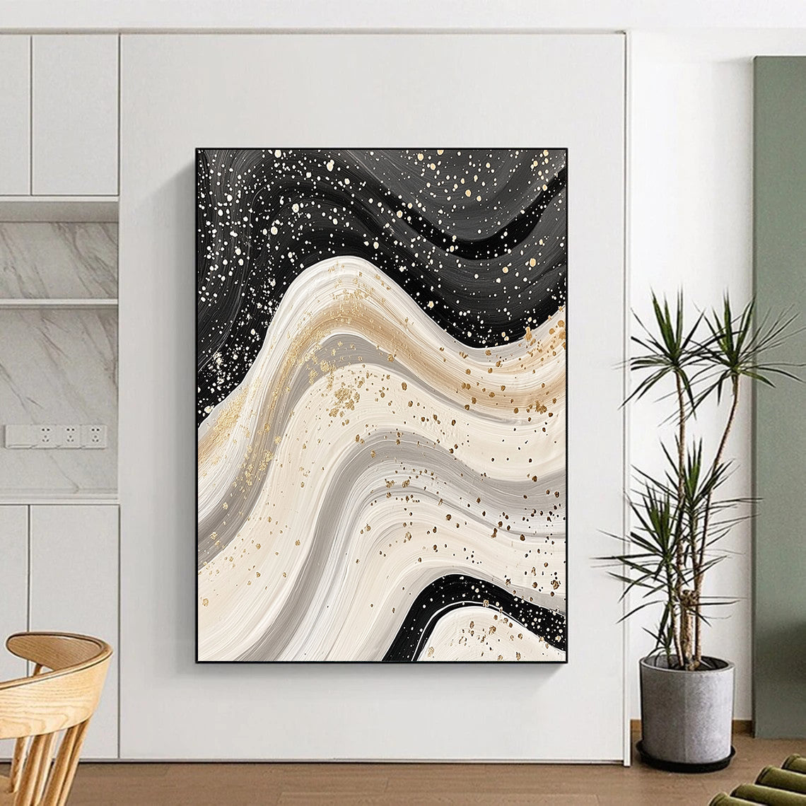Black, White & Gold Swirling Waves - “Luxe Fluid Motion” Painting On Canvas HB210