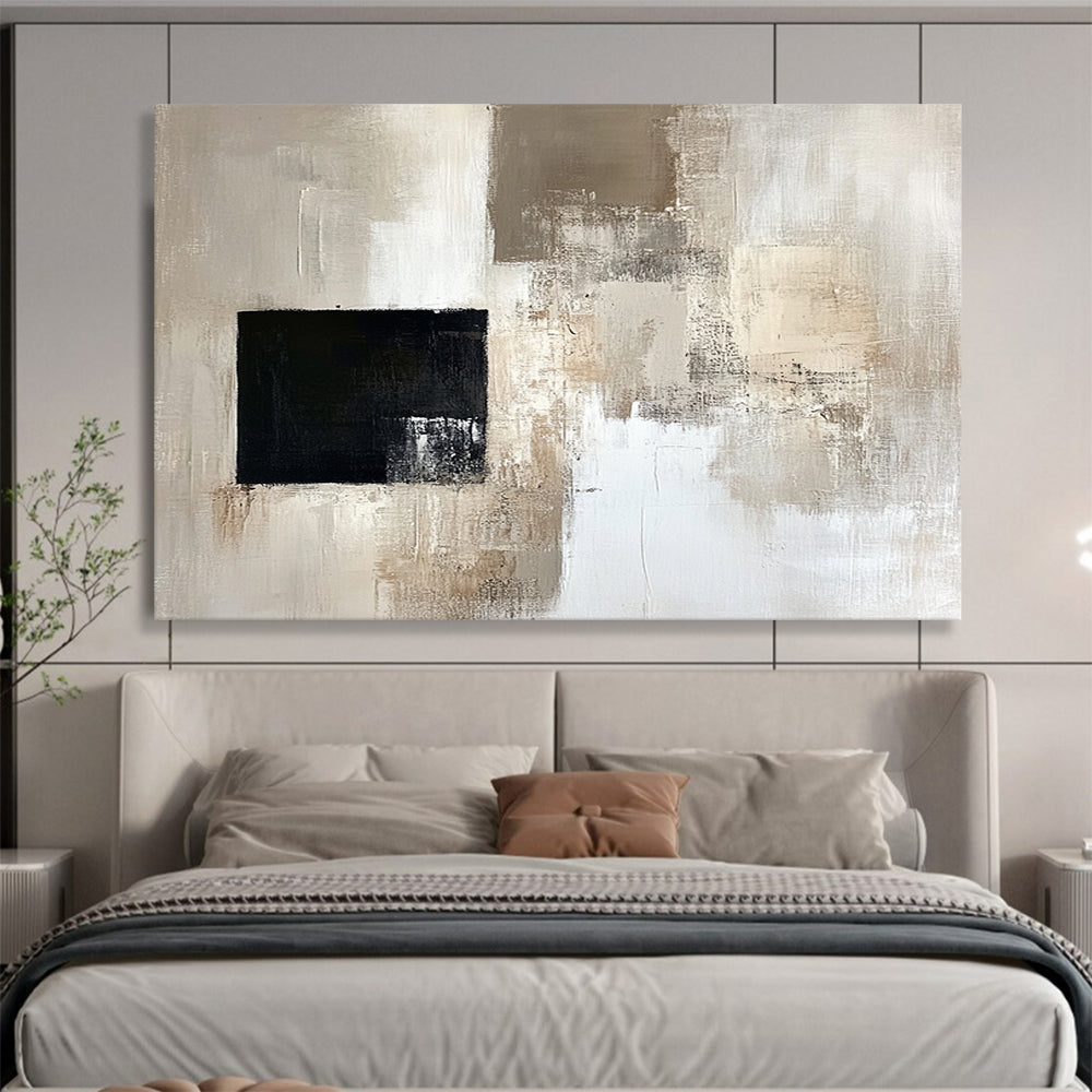 “Subtle Neutrals with a Bold Black Square” - Beige, gray, white, black; Abstract neutral blocks with a black square; Oil Painting On Canvas HB1227