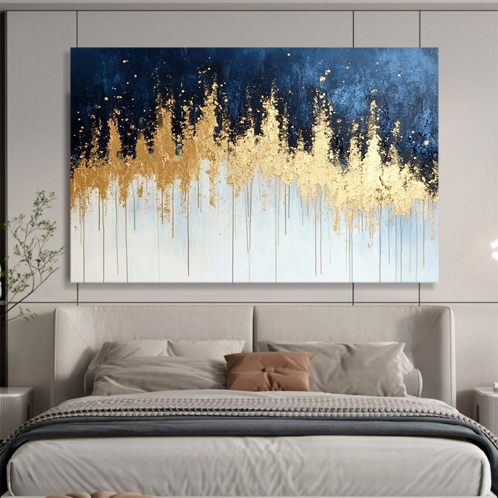 “Gold Drip on Blue - Gray Abstract” - Gold, Blue, Gray, White, Dripping Textures Painting On Canvas HB0825