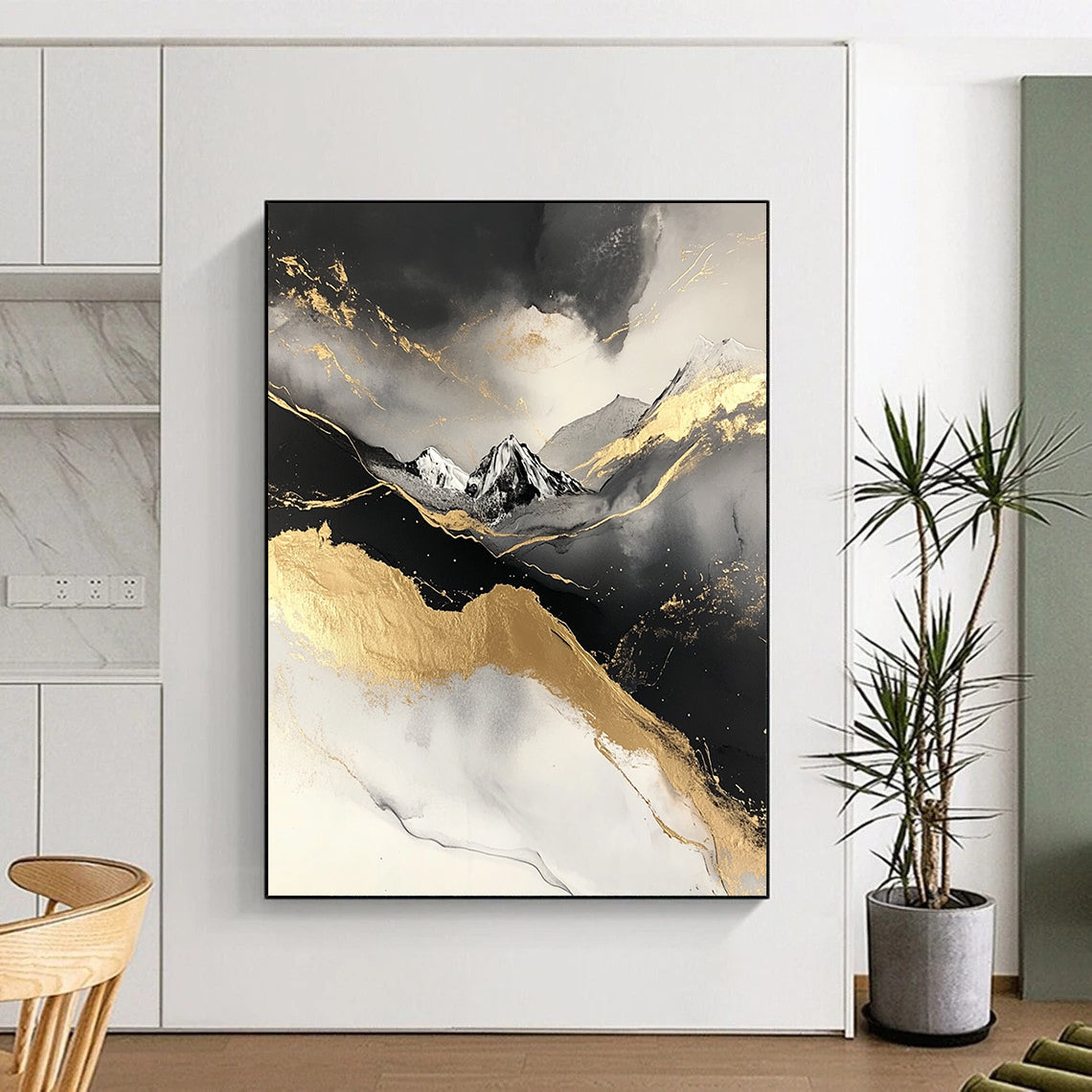 Contemporary abstract painting featuring a snowy mountain design with black and gold marble texture and grey accents on a white background. DLZ0272