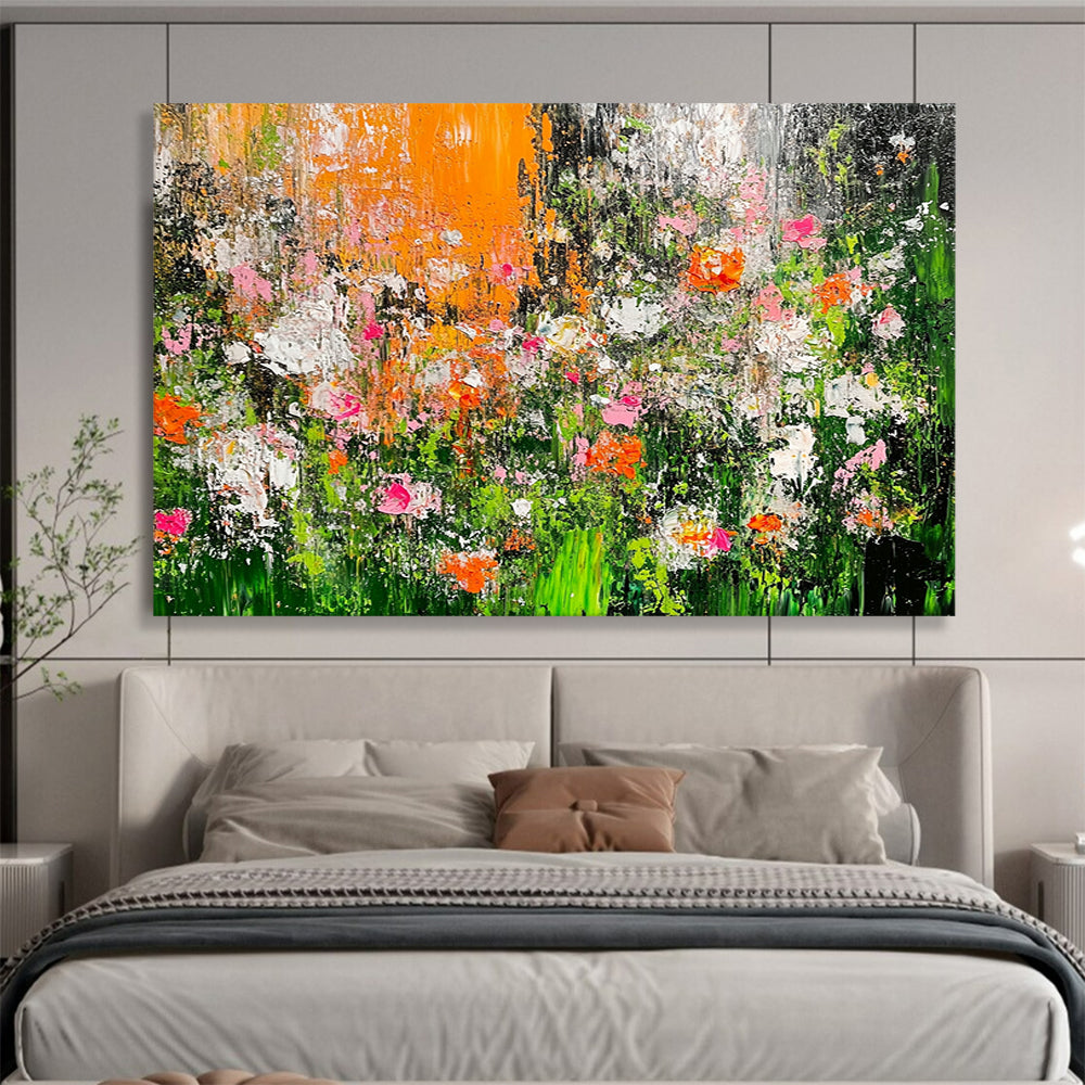 Impasto Flower Field in Orange and Pink – Textured Abstract Acrylic Floral Painting HB1472