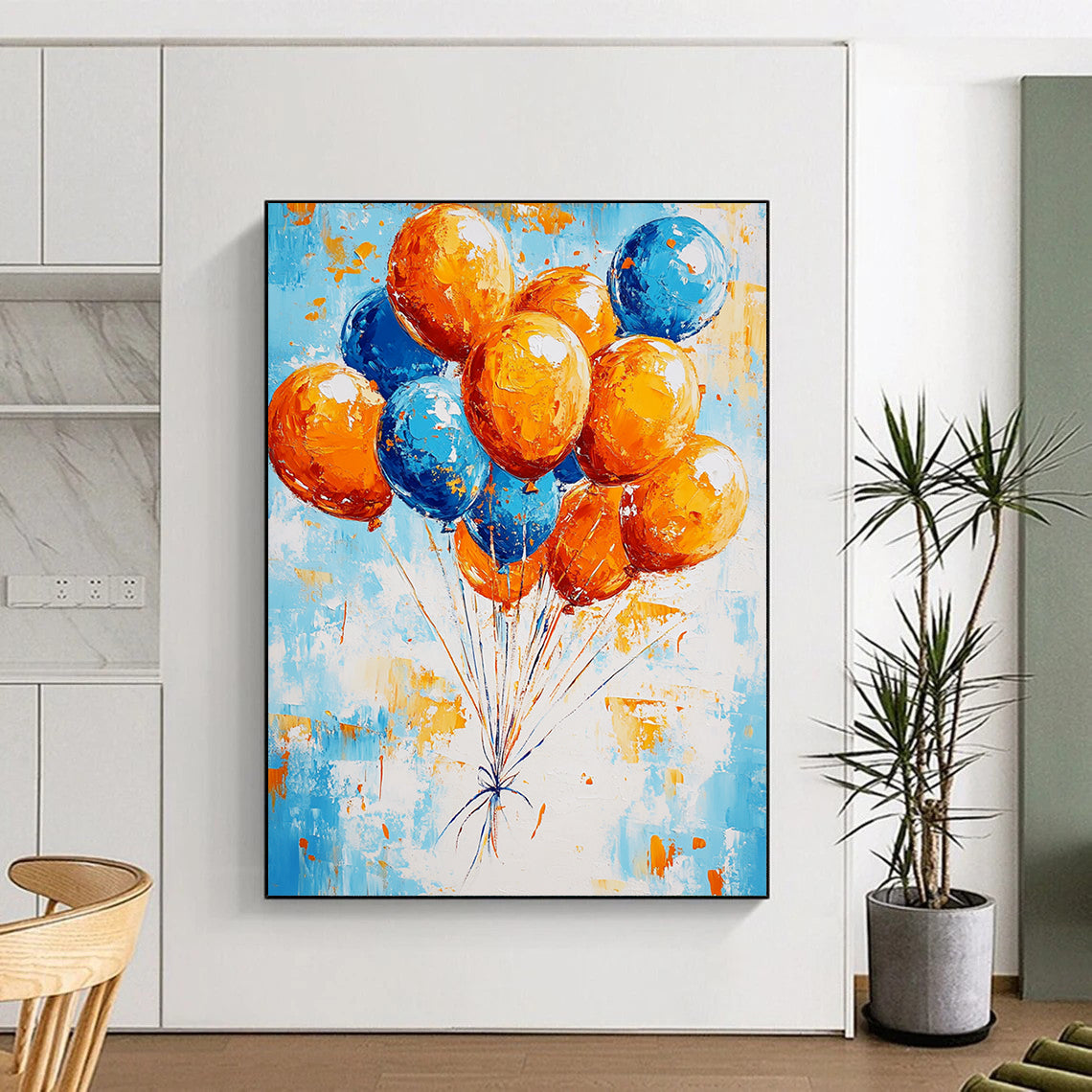 Contemporary abstract painting featuring vibrant orange and blue balloons floating against a bright sky evoking a joyful celebration in dynamic brush strokes. DLZ1411