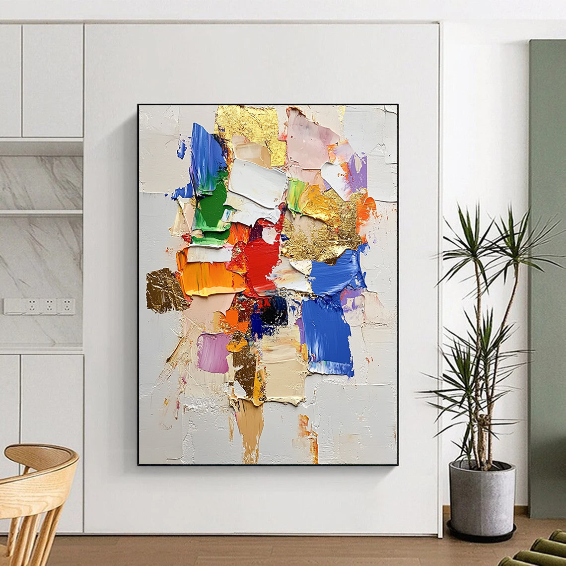 Contemporary hand-painted abstract art featuring textured thick paint vibrant color blocks and elegant gold foil accents on a white background. DLZ0682