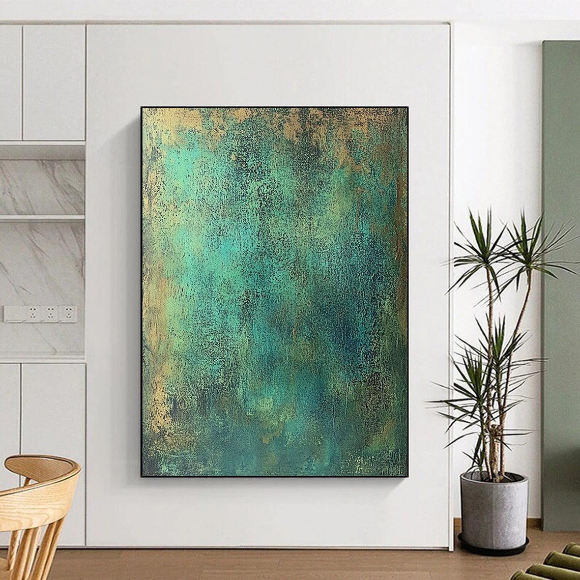 Large contemporary abstract painting featuring textured green metal tones with blue-green and brown speckles evoking strength and history reminiscent of ancient copper armor. DLZ1164