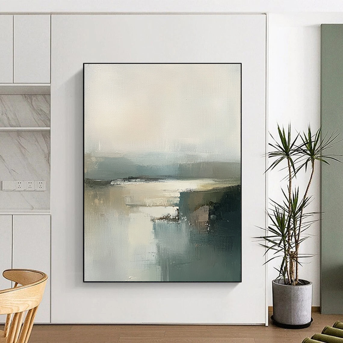 Contemporary abstract art featuring an Irish landscape with expressive brush strokes in grey and green tones and a hazy neutral palette. DLZ0461