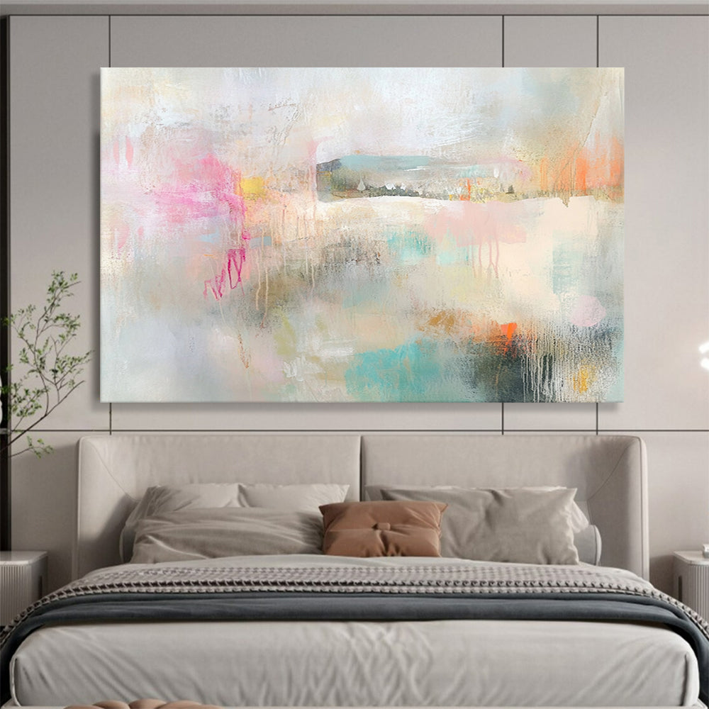 “Soft Pastel Abstract Landscape” - Pastel Pink, Blue, Green, Beige with Hazy Forms - Painting On Canvas HB1376