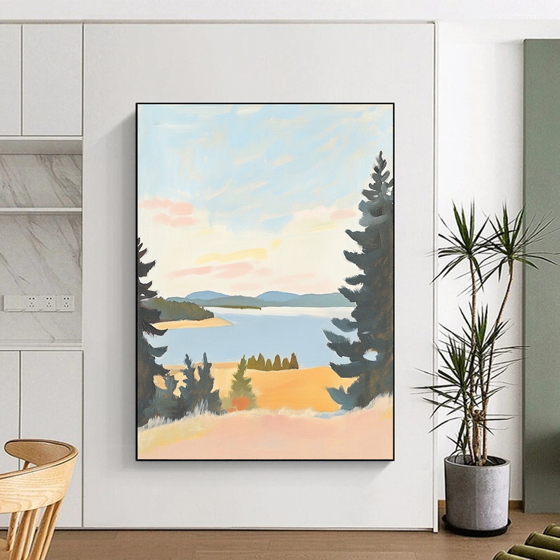 Contemporary minimalist landscape art featuring muted pastels of Lake St. Paul in Oregon on antique white paper, evoking serene beauty and tranquil views. DLZ1575