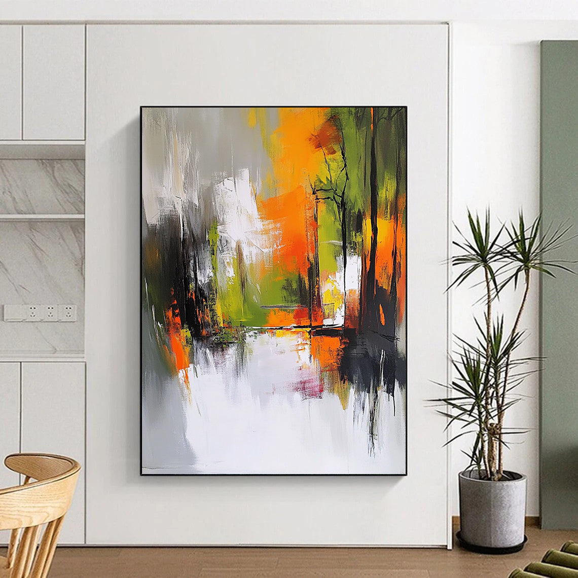 Contemporary hand-painted abstract art features an autumn forest in gray and white with vibrant orange yellow and green accents showcasing dynamic brush strokes. DLZ0947
