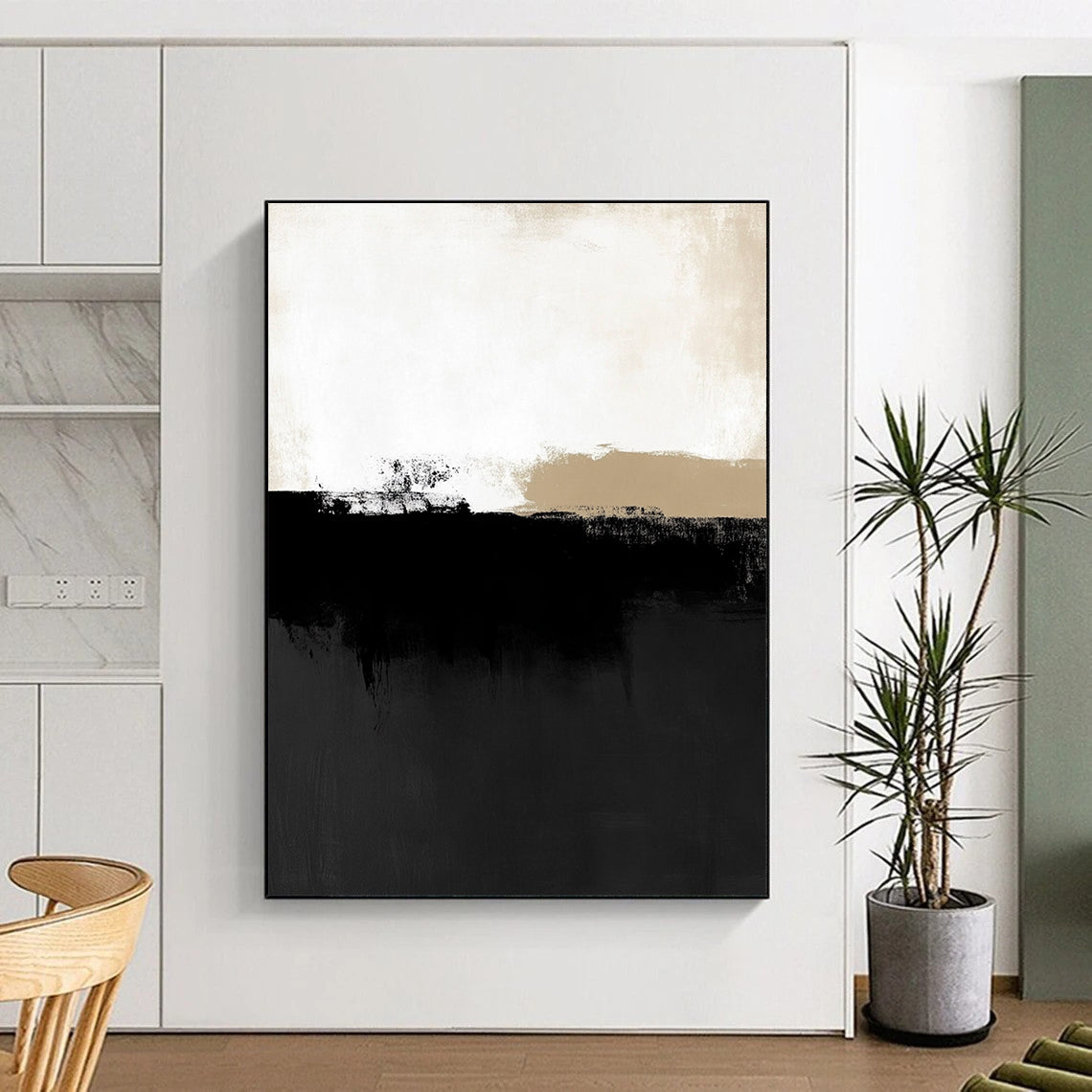 Contemporary abstract art features a minimalist black and white landscape with subtle shapes, showcasing neutral tones and low contrast. DLZ1612