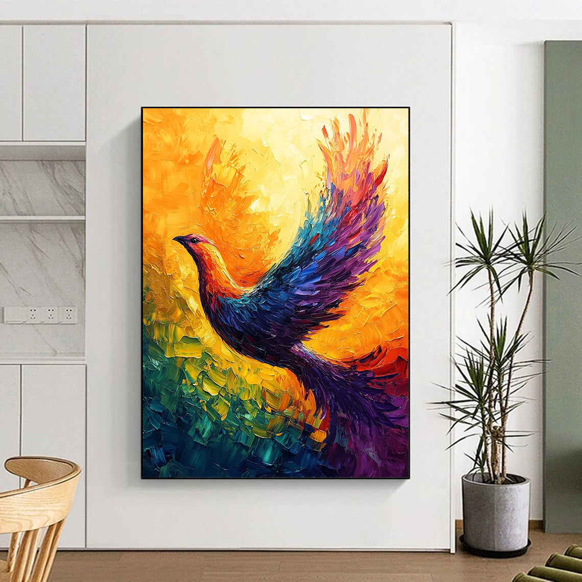 Contemporary abstract art featuring a vibrant phoenix with radiant colors and dynamic brush strokes, creating a captivating display of movement and energy. DLZ1500
