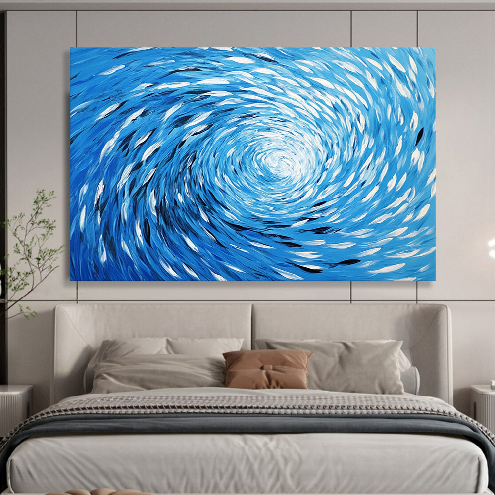 “Blue Fish Spiral” - Blue, White, Fish Spiral Oil Painting On Canvas HB0724
