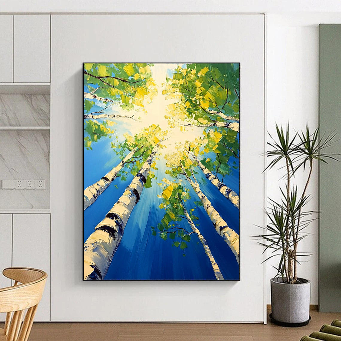Contemporary hand-painted artwork depicting birch trees with vibrant green leaves under a bright blue sky capturing tranquility and vitality. DLZ1708