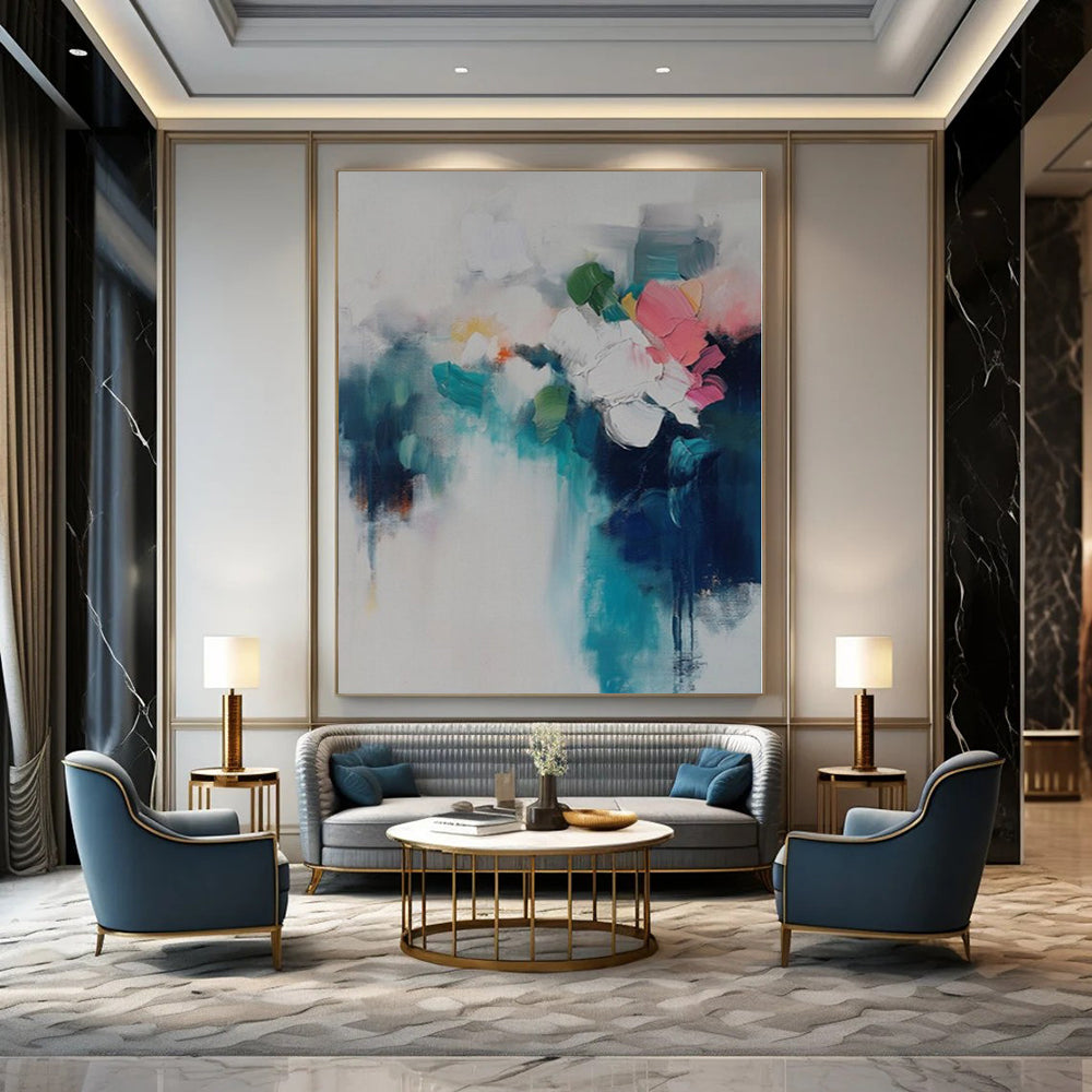 Large-Scale Hand-Painted Contemporary Abstract Canvas for Dining Room Above Sideboard Cabinets
