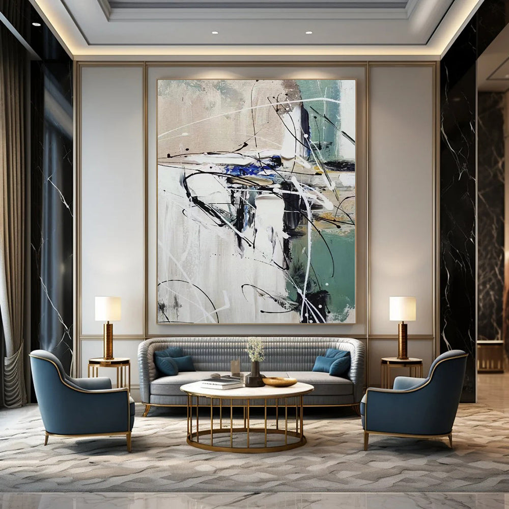 Monumental Abstract Painting for Powder Room Interiors - Custom Resin on Linen