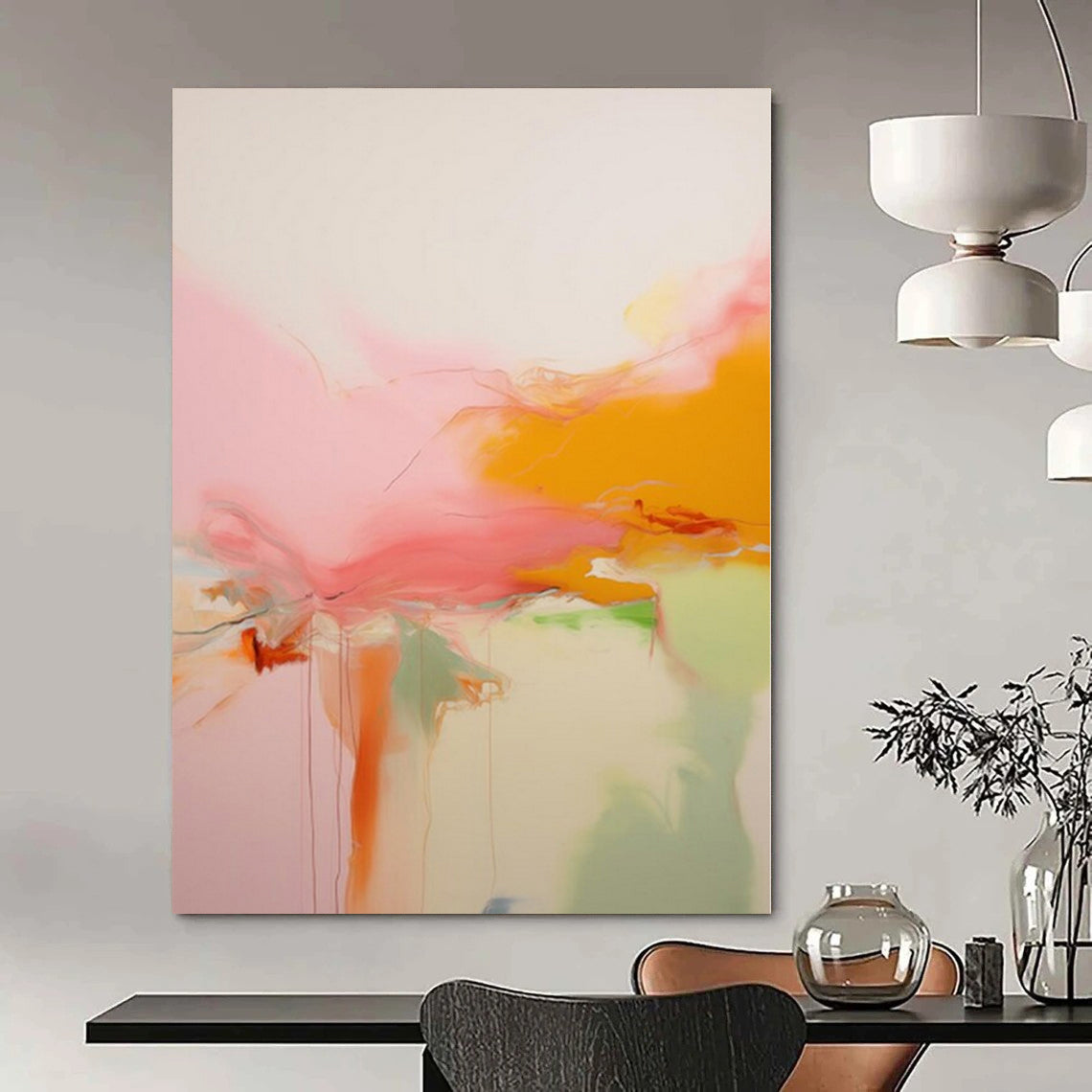Large Hand-Painted Contemporary Abstract Wall Art for Dining Room Behind China Cabinets