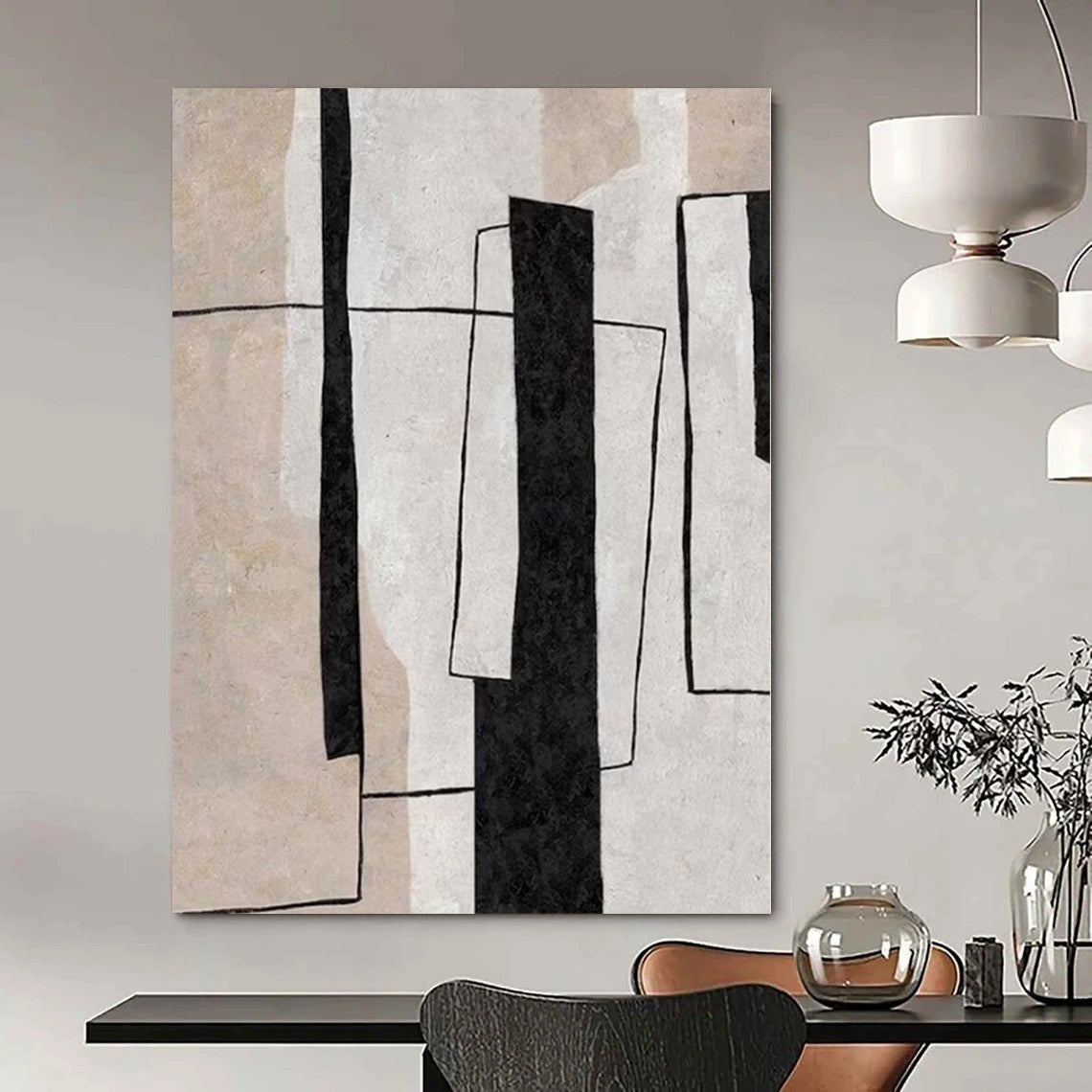 Warm Hand-Painted Abstract Wall Art for Living Room Behind Armchairs