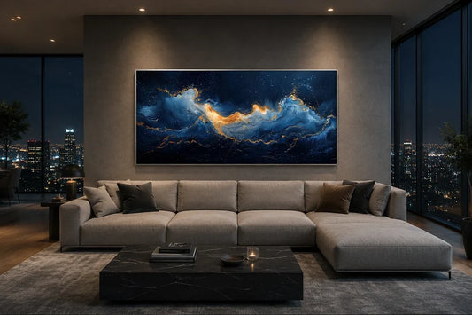 The Luxury Pairing: How Navy Blue and Gold Abstract Paintings Transform Modern Living Rooms