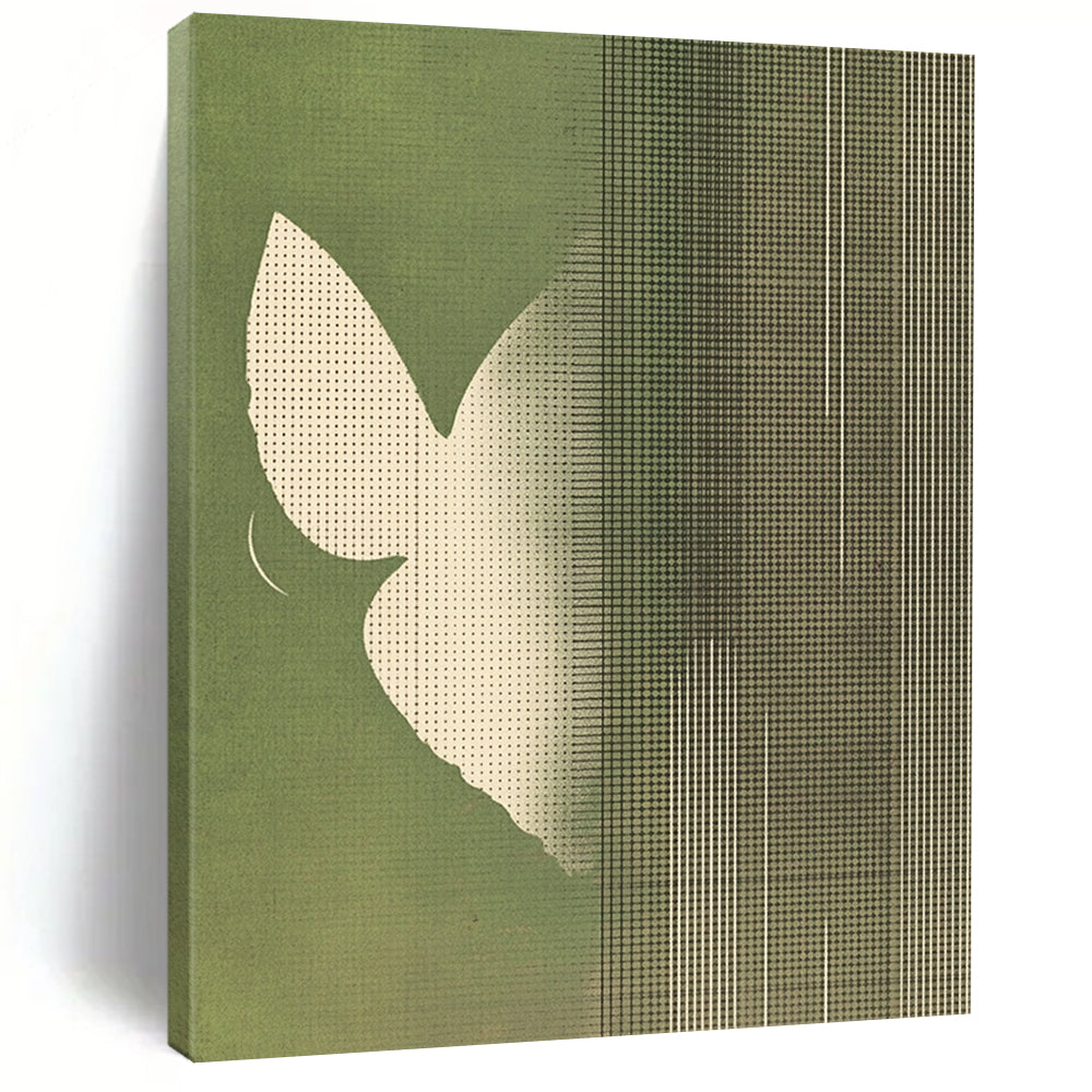 Contemporary abstract art featuring minimalist butterfly wings in white against a muted green striped background creating a serene and harmonious atmosphere. DLZ1641