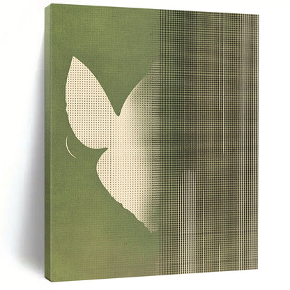 Contemporary abstract art featuring minimalist butterfly wings in white against a muted green striped background creating a serene and harmonious atmosphere. DLZ1641