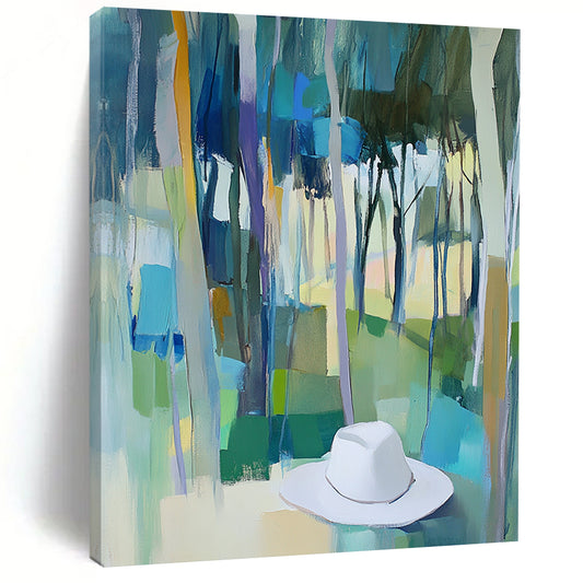 Contemporary abstract painting featuring trees in vibrant blue, green, and yellow hues with a white hat resting on the ground. DLZ0897
