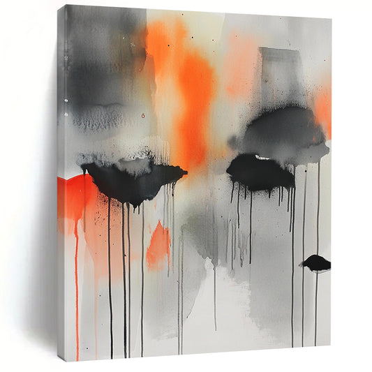 Contemporary hand-painted abstract art featuring gray, orange, and black hues with captivating watercolor drips and splatters for a dynamic visual experience. DLZ1034