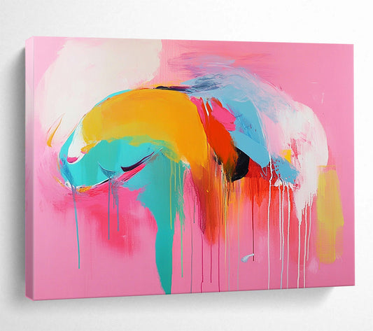 “Colorful Abstract Figure on Pink” - Pink, blue, yellow, orange, red; Abstract figure with colorful drips; Acrylic Painting On Canvas HB1220