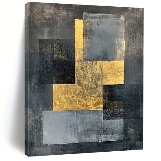 Gray, Black, Gold and White Geometric Fusion "Balanced Fusion" Painting On Canvas HB348