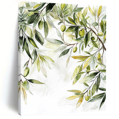 Contemporary abstract painting featuring olive tree leaves in muted colors with soft organic forms and white space highlighting nature's tranquility. DLZ1728
