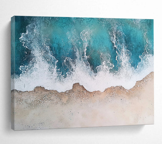 “Aerial Ocean Waves” - Turquoise, white, beige; Abstract aerial beach view; Textured Acrylic Painting On Canvas HB1191