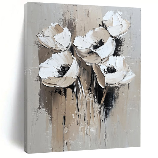 Contemporary abstract painting featuring white flowers with minimal detail in oil strokes on a grey background perfect for modern decor. DLZ0671