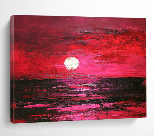 “Crimson Sunset Sea” - Deep Reds, Pinks, Purples, Ocean at Sunset - Textured Oil Painting HB1731