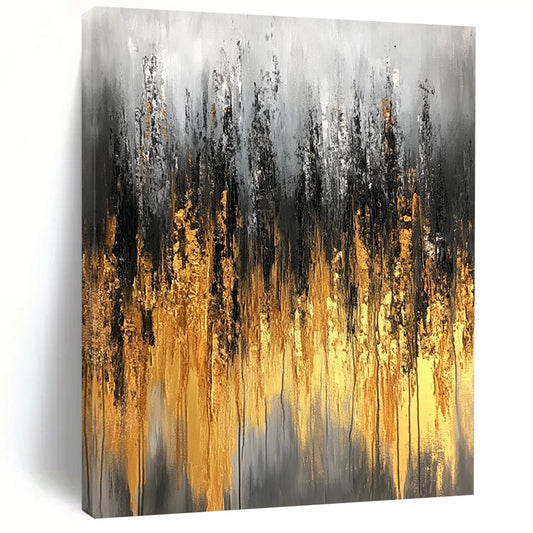 Large contemporary abstract painting featuring gray and gold tones with textured brushstrokes and delicate light effects on a soft background. DLZ0746