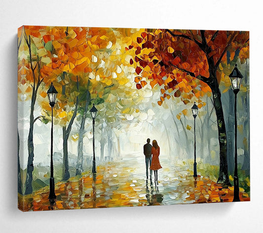 “Autumn Stroll” - Orange, Yellow, Green, Couple Walking Under Trees - Impasto Oil Painting HB1704