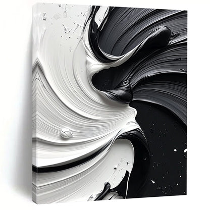 Large contemporary abstract painting featuring a dynamic swirl of white and black paint that enhances depth and elegance in any space. DLZ1476