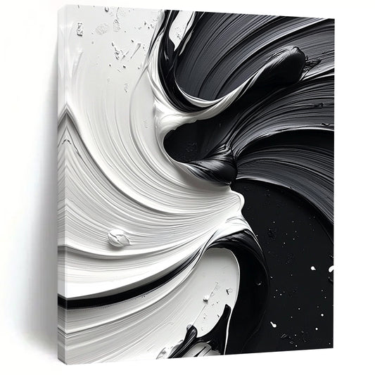 Large contemporary abstract painting featuring a dynamic swirl of white and black paint that enhances depth and elegance in any space. DLZ1476