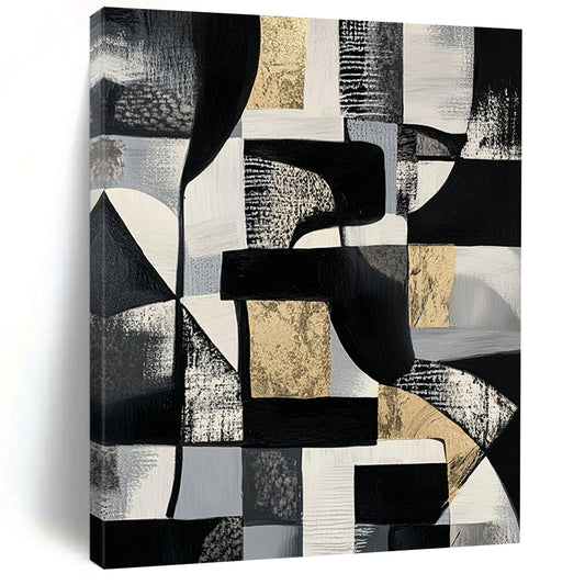 Black, White, Gray and Gold Abstract Composition "Monochrome Luxury" Painting On Canvas HB340
