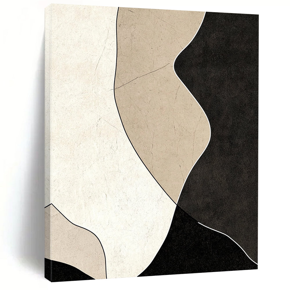 Contemporary abstract painting featuring black and beige shapes on a dark gray background with textured details and smooth curves for a modern aesthetic. DLZ1194