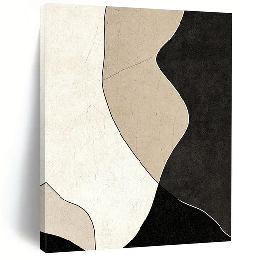 Contemporary abstract painting featuring black and beige shapes on a dark gray background with textured details and smooth curves for a modern aesthetic. DLZ1194