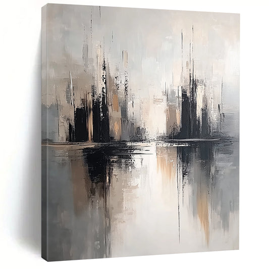 Contemporary hand-painted abstract artwork featuring soft gray tones and a neutral palette with detailed textures and minimalist design on a white background. DLZ0810