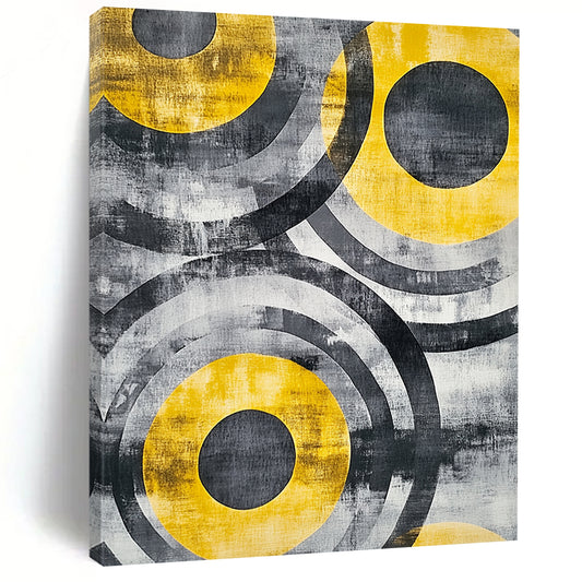 Gray, Black, Yellow and White Abstract Circles "Energetic Orbits" Painting On Canvas HB380