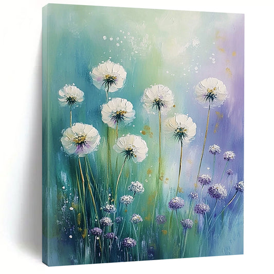 Contemporary abstract painting featuring white flowers, dandelions, and alliums in pastel hues against a green blue purple sky with gold accents. DLZ0821
