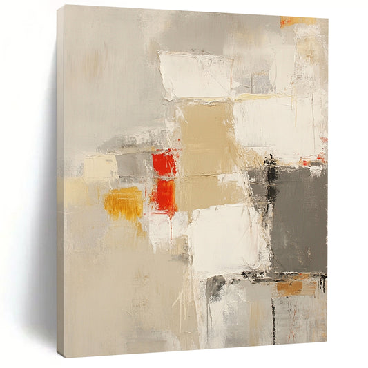 Contemporary abstract painting in neutral beige and gray tones with bold strokes and accents of yellow and red for a striking visual impact. DLZ0756