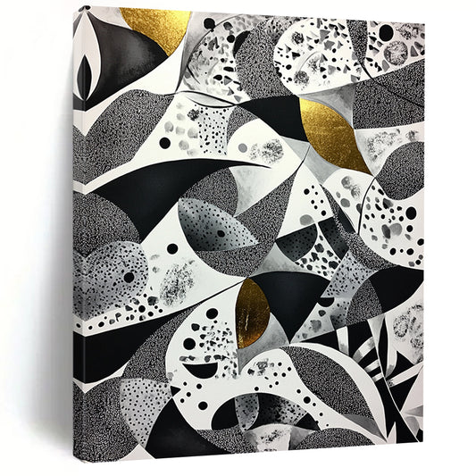 Black, White, Gray and Gold Abstract Patterns "Opulent Mosaic" Painting On Canvas HB332