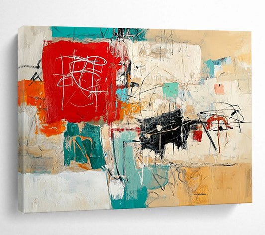 “Colorful Chaos” - Red, Teal, Orange, Expressive Marks - Abstract Expressionist Acrylic Painting HB1540