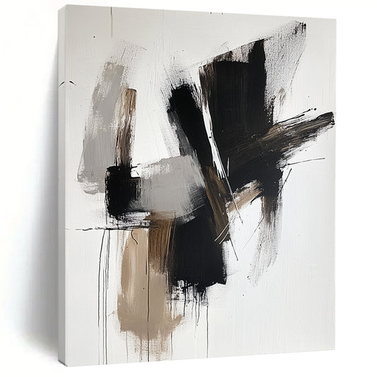 Contemporary hand-painted abstract artwork features bold black shapes with brown tones and white accents on a sleek neutral backdrop. DLZ0316