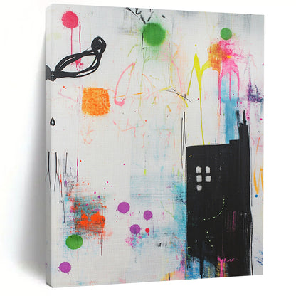 Contemporary hand-painted abstract artwork features vibrant shapes lines and urban building designs enriched with graffiti splashes creating a dynamic and playful atmosphere. DLZ1515