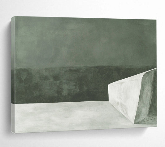 “Monochrome Minimalist Block” - Dark green backdrop with a stark white geometric form, Minimalist Abstract Painting On Canvas HB0537