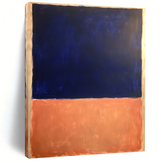 Contemporary hand-painted abstract artwork featuring dark blue and light orange with a significant white space, inspired by Rothko’s bold minimalism. DLZ1362