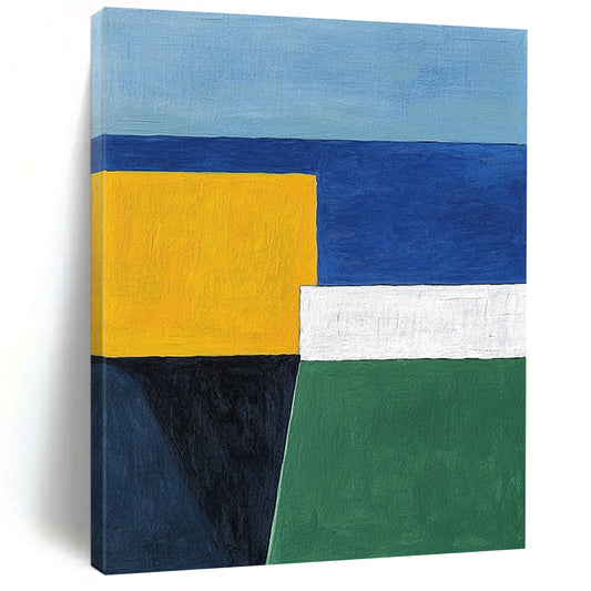 Contemporary hand-painted abstract art featuring blue white and yellow geometric shapes with a minimalist style of yellow green and navy colors. DLZ1320