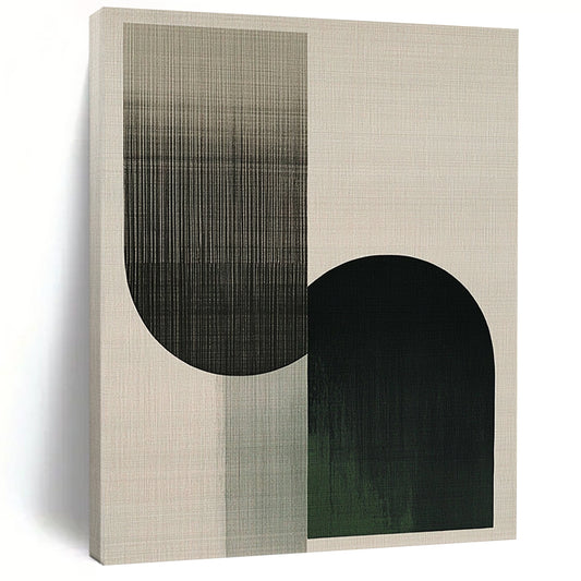 Contemporary abstract artwork featuring overlapping shapes in the form of an F, with neutral tones and green accents, showcasing visible brush strokes. DLZ1622